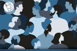[ai] A diverse group of stylized human silhouettes in varying shades of blue and gray, some facing towards the viewer while others look away, with a globe graphic in the top left corner.
